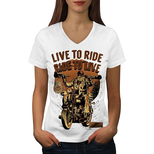 APSRA RETAIL Live to Ride Womens V-Neck T-Shirt, Biker Slogan Casual Design Tee 6789