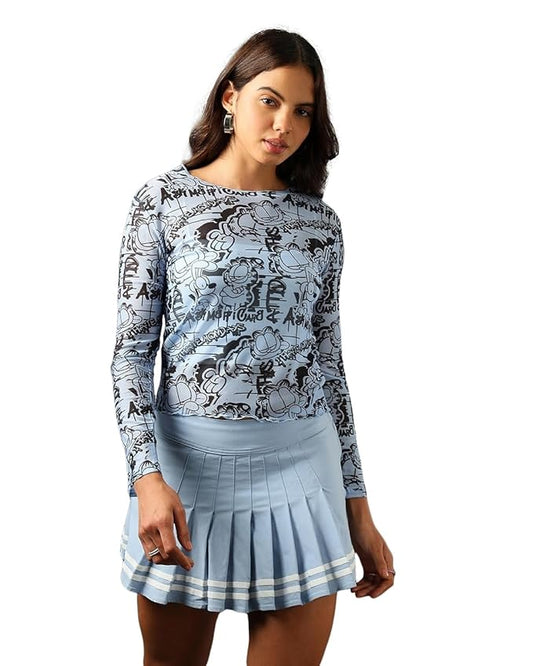 Bewakoof Women's Cotton Air 1.0 Official Garfield Merchandise All Over Printed Slim Fit Full Sleeve Round Neck Poly Mesh Short Top
